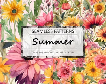 SUMMER FLORAL - 8 Seamless Floral Repeating Patterns - Background - Digital Paper - Commercial Use