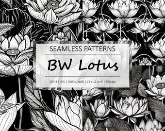 BLACK & WHITE FLORAL - Lotus - 4 Seamless Floral Repeating Patterns - Background - Digital Paper - Commercial Use