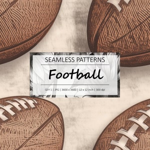 Könnte beinhalten: Ein nahtloses Muster mit braunen und weißen Fußbällen auf beigefarbenem Hintergrund. Der Text "SEAMLESS PATTERNS Football QTY 1 JPG | 3600 x 3600 | 12 x 12 inch | 300 dpi" ist in Schwarz auf einem weißen Rechteck gedruckt.