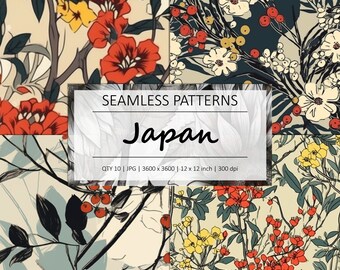 JAPANESE FLORAL - 10 Seamless Floral Repeating Patterns - Background - Digital Paper - Commercial Use