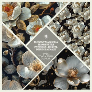 Peut inclure: Ensemble de motifs numériques avec neuf motifs de carreaux sans couture d'élégants magnolias. Les motifs présentent des fleurs de magnolia blanches et dorées avec des détails complexes sur un fond sombre. Le texte "9 Elegant Magnolia Seamless Tile Patterns - Digital Design Package" est inclus.