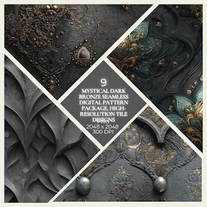 Könnte beinhalten: Ein digitales Musterpaket mit neun mystischen, nahtlosen Designs in dunkler Bronze. Die hochauflösenden Kachelmuster zeigen verzierte Muster in Bronze, Teal und Grau. Das Bild enthält den Text: "9 Mystical Dark Bronze Seamless Digital Pattern Package, High-Resolution Tile Designs 2048 x 2048 300 DPI."