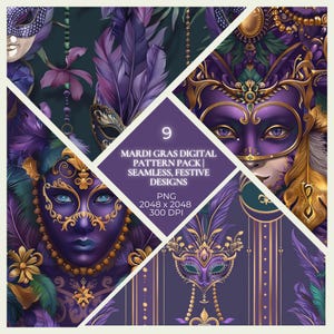 May include: A digital pattern pack featuring nine seamless Mardi Gras designs. The designs showcase purple and gold masks, feathers, and decorative elements. The image includes the text "MARDI GRAS DIGITAL PATTERN PACK | SEAMLESS, FESTIVE DESIGNS".