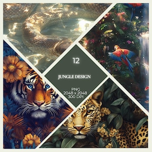 May include: A digital illustration of a jungle scene featuring a tiger, leopard, snake, parrot, and waterfall. The image is divided into four sections, each showcasing a different animal or element. The text "12 JUNGLE DESIGN PNG 2048 x 2048 300 DPI" is in the centre of the image.