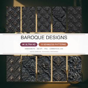 Pode incluir: Uma coleção digital intitulada BAROQUE DESIGNS apresentando 10 padrões sem costura em 4K ultra HD. A imagem exibe várias texturas escuras e complexas em estilo relevo com volutas ornamentadas e motivos florais em tons de preto e cinza.