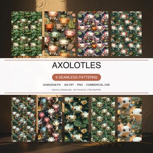 Kawaii Axolotl Seamless Pattern, Tadpole Papers, Frogcore Digital Paper (PNG)
