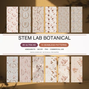 May include: A digital collection of 15 seamless patterns titled STEM LAB BOTANICAL, featuring 4K resolution, 300 DPI, and PNG format. The designs display repeating motifs of scientific laboratory glassware, botanical leaves, flowers, and classical busts.