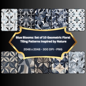 Può includere: Set di 10 motivi digitali senza cuciture con disegni floreali geometrici in tonalità di blu e bianco. I motivi sono ispirati alla natura e sono perfetti per creare progetti unici. "Blue Blooms: Set of 10 Geometric Floral Tiling Patterns Inspired by Nature 2048 x 2048 - 300 DPI - PNG"
