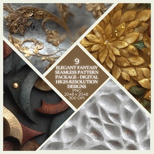 May include: A digital design package featuring nine elegant fantasy seamless patterns. The image showcases various high-resolution designs in gold, gray, and black, with the text "9 ELEGANT FANTASY SEAMLESS PATTERN PACKAGE - DIGITAL HIGH-RESOLUTION DESIGNS PNG 2048 x 2048 300 DPI".
