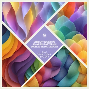 May include: A digital design featuring nine vibrant rainbow seamless patterns. The image is divided into sections showcasing various color combinations, including red, orange, yellow, green, blue, and purple. The design includes the text "VIBRANT RAINBOW SEAMLESS PATTERNS | DIGITAL TILING DESIGNS".