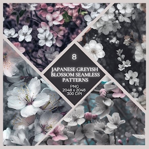 Puede incluir: Ocho patrones sin costuras con flores de cerezo japonesas grises y rosas. Los patrones son perfectos para el scrapbooking digital, el diseño de telas y otros proyectos creativos.