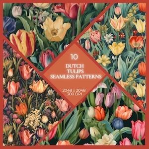 Dazzling Dutch Tulips: 10-Pack of Vivid Seamless Floral Patterns for Creative Projects