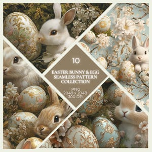 May include: A digital art collection featuring Easter bunnies and decorated eggs. The image showcases a variety of bunnies in different poses, surrounded by ornate eggs and floral elements. The text on the image reads "10 Easter Bunny & Egg Seamless Pattern Collection".