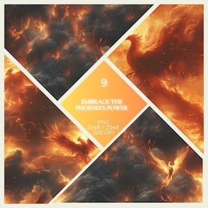 May include: Digital artwork depicting a phoenix in flames, with a geometric design. The artwork uses fiery orange and red colours. Text reads "Embrace the Phoenix's Power".