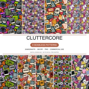 May include: A digital collection of nine seamless patterns featuring a cluttercore aesthetic with colorful illustrations of instant photos, barcodes, hearts, flowers, and office supplies in a dense, overlapping collage style with vibrant hues.