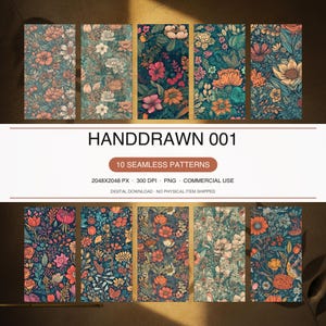 Papiers à motifs de fleurs sauvages, papiers numériques floraux, papiers à motifs de marguerites dessinés à la main, 10 motifs sans raccord, papiers style cottagecore, PNG