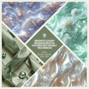May include: A digital pattern set featuring nine designs with pearlescent and floral themes. The designs include flowing ribbons, butterflies, and abstract elements in shades of white, green, and blue. The image includes the text "SERENITY LUXURY SEAMLESS DIGITAL PATTERN SET | PEARLY TILE DESIGNS".