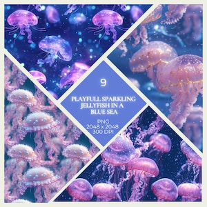 Puede incluir: Un collage de arte digital con medusas en un mar azul. Las medusas están representadas en tonos rosas y morados, con delicados tentáculos y cuerpos luminosos. Incluye el texto "9 PLAYFULL SPARKLING JELLYFISH IN A BLUE SEA".