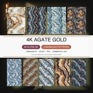 May include: A digital collection of 4K Agate Gold patterns featuring nine seamless designs with swirling blue, white, and gold marble-like textures. The text reads 4K AGATE GOLD, 4K ULTRA HD, 9 SEAMLESS PATTERNS, 4096X4096 PX, 300 DPI, PNG, COMMERCIAL USE.