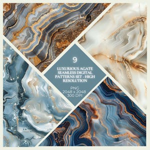 May include: Nine luxurious agate seamless digital patterns in shades of blue, gold, and white. The patterns have a high resolution and are in PNG format, 2048 x 2048 pixels at 300 DPI. The image features a variety of agate stone designs.