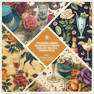 Peut inclure: Un pack de design numérique avec neuf motifs sans couture charmants de Derby. Les motifs comprennent des arrangements floraux, des cocktails, un chapeau haut de forme et une silhouette de cheval. La palette de couleurs comprend des nuances de bleu, de rose et d'or.