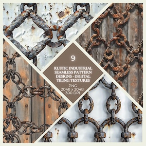 Könnte beinhalten: Eine Collage mit neun nahtlosen Mustern im rustikalen Industriestil. Das Bild zeigt Nahaufnahmen von verwitterten Metallketten vor verschiedenen Hintergründen, darunter abgenutzte weiße Farbe und Holzbretter. Der Text lautet "RUSTIC INDUSTRIAL SEAMLESS PATTERN DESIGNS - DIGITAL TILING TEXTURES".