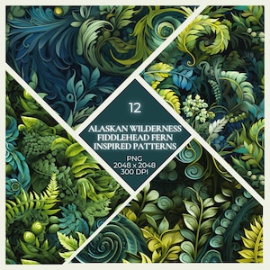 May include: A digital illustration of 12 seamless patterns inspired by fiddlehead ferns. The patterns feature a variety of green and blue hues, with intricate details and a whimsical style. The text "Alaskan Wilderness Fiddlehead Fern Inspired Patterns" is displayed in the centre of the image.
