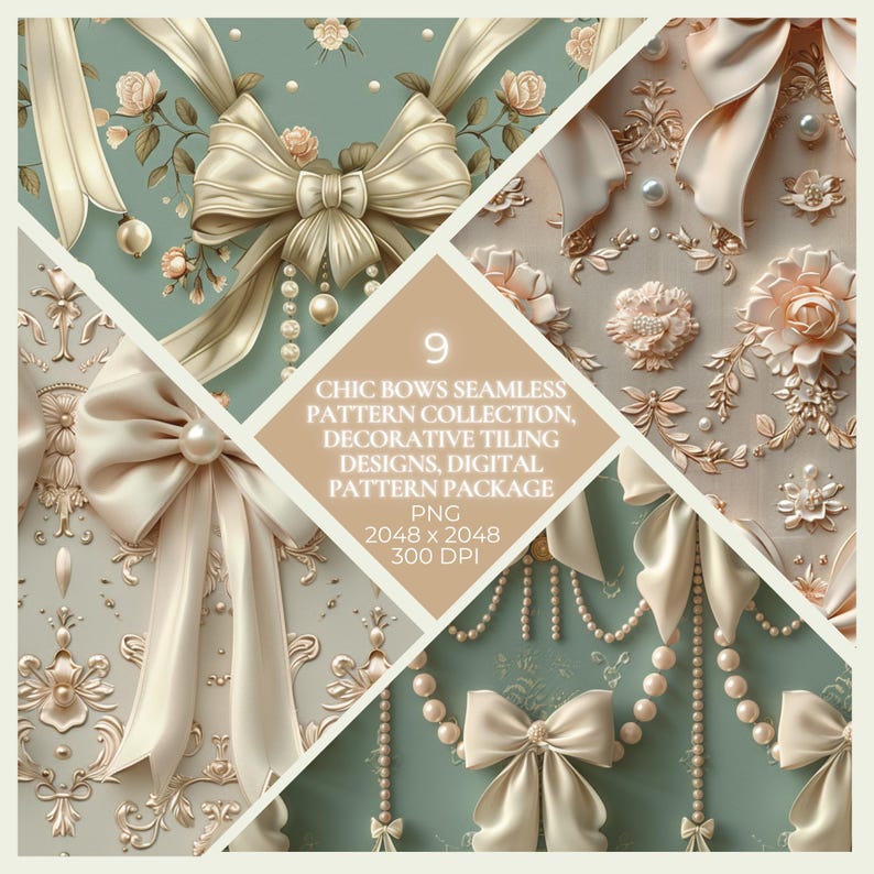 Chic Bow Digital Patterns | Sublimational PNG Ribbon Bows | 9 Seamless ...