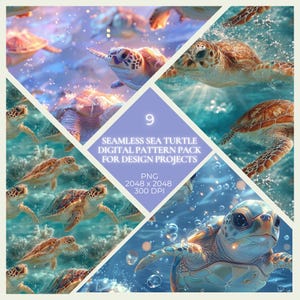 Può includere: Un pacchetto di modelli digitali con nove disegni di tartarughe marine senza cuciture. L'immagine mostra tartarughe marine che nuotano in acqua blu. Il testo sull'immagine recita "SEAMLESS SEA TURTLE DIGITAL PATTERN PACK FOR DESIGN PROJECTS". L'immagine è in formato PNG, 2048 x 2048 pixel, 300 DPI.