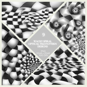 May include: A digital art composition featuring nine black and white wacky spiral optical tile pattern designs. The designs include checkerboard patterns and swirling, spherical elements. The image also includes the text "9 WACKY SPIRAL OPTICAL TILE PATTERN DESIGNS PNG 2048 x 2048 300 DPI."