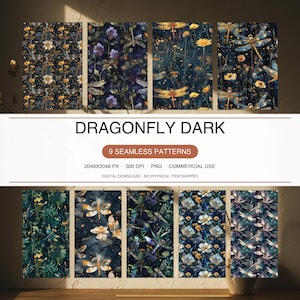 Dragonfly Dark Botanical Seamless Pattern PNG Floral Sublimation Tile 9 Pack