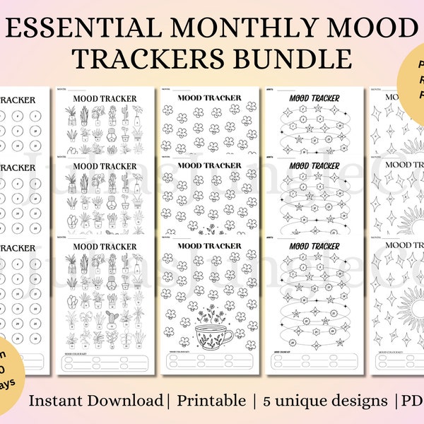 Printable Daily Mood Tracker Bundle, Creative Mental Wellbeing Journal, Mental Health, Anxiety Emotion Tracker, Self-Care Kit, Mindfulness
