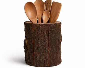Soporte para utensilios de madera natural con forma de tronco de árbol / Organizador de cocina rústico de madera / Decoración de encimera de estilo granja / Soporte para cucharas de madera hecho a mano / Cocina bohemia