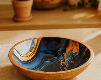 Key Bowl For Entryway Table Decor Rustic Wood Decorative Bowl 10 Inch Large Blue Bowl For Centerpiece Decor