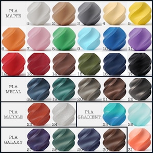 May include: A color chart featuring 3D-printed spheres in various colors and finishes. The chart includes PLA Matte, Metal, Marble, Gradient, and Galaxy options. Each sphere is numbered and displays a unique color, ranging from white to black, with vibrant hues and metallic effects.