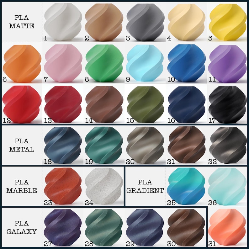 May include: A color chart featuring 3D-printed spheres in various colors and finishes. The chart includes PLA Matte, Metal, Marble, Gradient, and Galaxy options. Each sphere is numbered and displays a unique color, ranging from white to black, with vibrant hues and metallic effects.