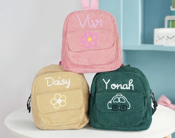 Custom Hand-Embroidered Corduroy Baby Backpack, Personalized Kids Backpack