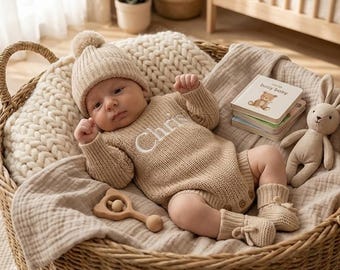 Embroidered Name Baby Romper Set, Personalized Baby Outfit, Baby Boy Romper Baby Girl Romper, Coming Home, 100% Cotton Knit