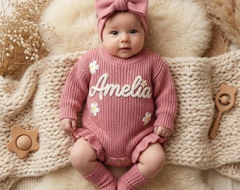 Hand Embroidered Name Baby Romper Set,Personalized Outfit, Baby Girl Romper, Coming Home, Organic Cotton Knit,Gender Neutral