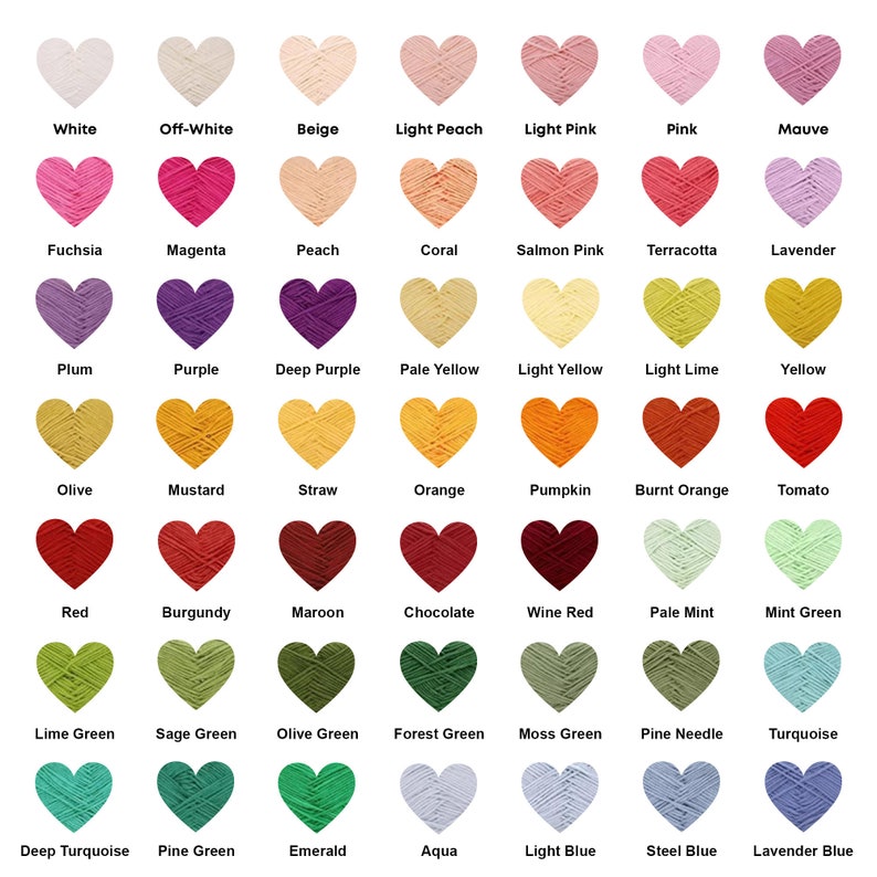 May include: A chart of 36 different colored yarn skeins in the shape of hearts. The yarn colors include white, off-white, beige, light peach, light pink, pink, mauve, fuchsia, magenta, peach, coral, salmon pink, terracotta, lavender, plum, purple, deep purple, pale yellow, light yellow, light lime, yellow, olive, mustard, straw, orange, pumpkin, burnt orange, tomato, red, burgundy, maroon, chocolate, wine red, pale mint, mint green, lime green, sage green, olive green, forest green, moss green, pine needle, turquoise, deep turquoise, pine green, emerald, aqua, light blue, steel blue, and lavender blue.