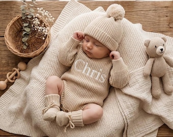 Embroidered Name Baby Romper Set, Personalized Outfit, Baby Boy Girl Romper, Coming Home gift, 100% Cotton Knit