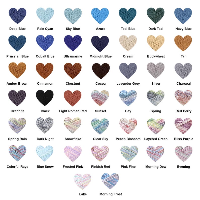 May include: A chart of 28 different colors of yarn in the shape of hearts. The yarn colors include deep blue, pale cyan, sky blue, azure, teal blue, dark teal, navy blue, Prussian blue, cobalt blue, ultramarine, midnight blue, cream, buckwheat, tan, amber brown, cinnamon, chestnut, cocoa, lavender grey, silver, charcoal, graphite, black, light roman red, sunset, bay, spring, red berry, spring rain, dark night, snowflake, clear sky, peach blossom, layered green, bliss purple, colorful rays, blue snow, frosted pink, pinkish red, pink fine, morning dew, evening, lake, and morning frost.
