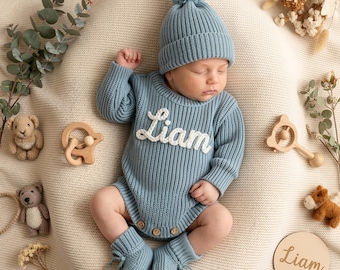 Hand Embroidered Name Baby Romper Set,Personalized Outfit, Baby Boy Romper, Coming Home, Organic Cotton Knit,Gender Neutral