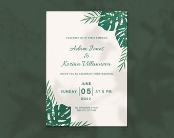 Instant Download - Tropical Leaves Wedding Invitation Customizable Printable Canva Template - Editable Digital File