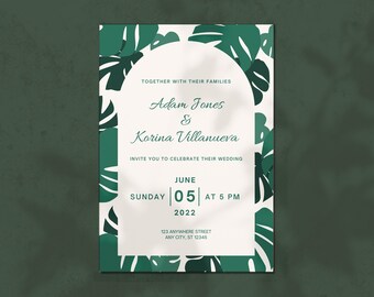 Instant Download - Tropical Leaves Wedding Invitation Customizable Printable Canva Template - Editable Digital File