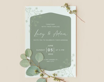 Instant Download - Modern Greenery Wedding Invitation Customizable Printable Canva Template - Editable Digital File