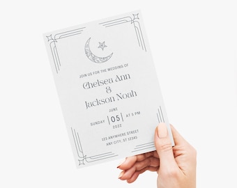 May include: A wedding invitation with a blue crescent moon and star design. The invitation reads "Join us for the wedding of Chelsea Ann & Jackson Noah, Sunday June 05, 2022 at 5 PM, 123 Anywhere Street, Any City, ST 12345."