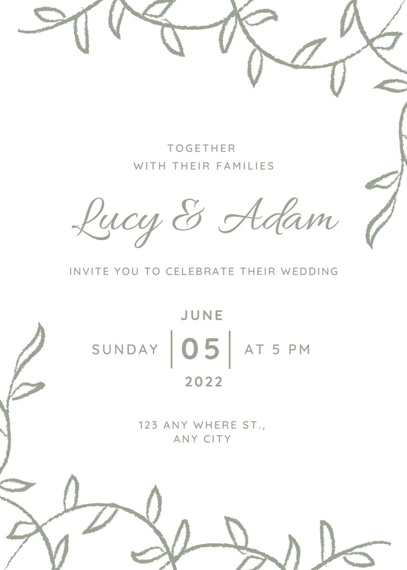 Simple Vine Wedding Invitation Customizable Printable Canva Template Editable Digital File Etsy
