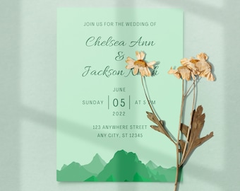 Instant Download - Green Mountain Wedding Invitation Customizable Printable Canva Template - Editable Digital File
