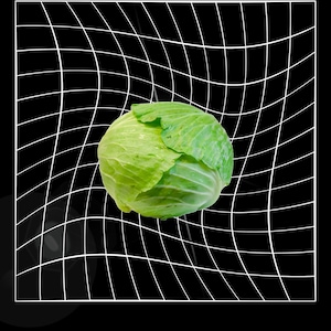 Puede incluir: Una col verde fresca, con gotas de agua visibles. La col se centra contra un fondo negro con un patrón de cuadrícula blanca distorsionada, creando un efecto visual. Fotografía de estudio.